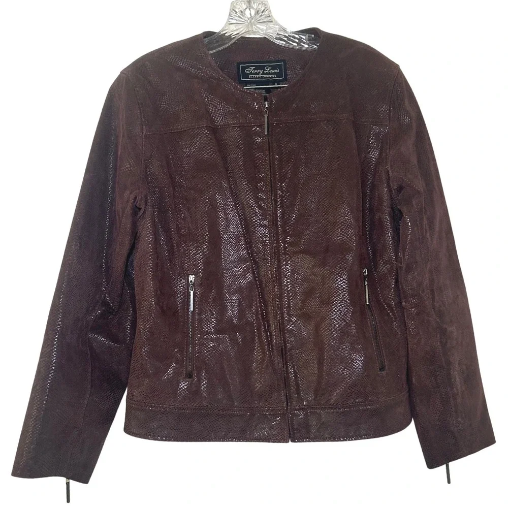 Terry Lewis Brown Snakeskin Embossed Genuine Leather Jacket Women Medium Moto
